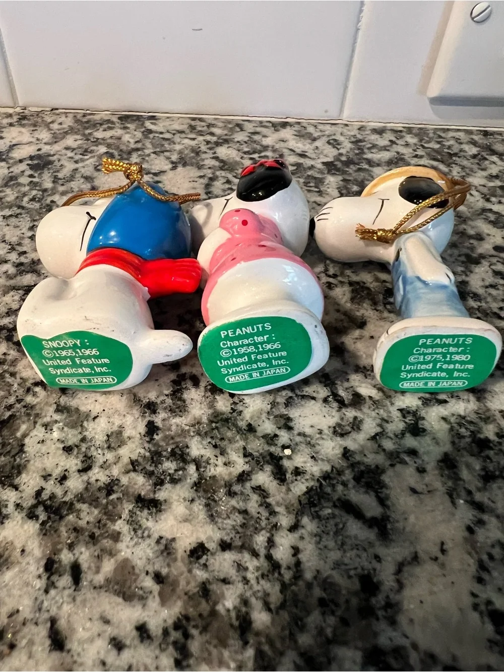 Vintage peanuts Ceramic Ornament Trio one chip in the hat pictured